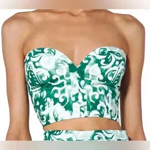 Alexis Isola Printed Bustier Small S Sage Cropped Top Strapless Sweetheart linen